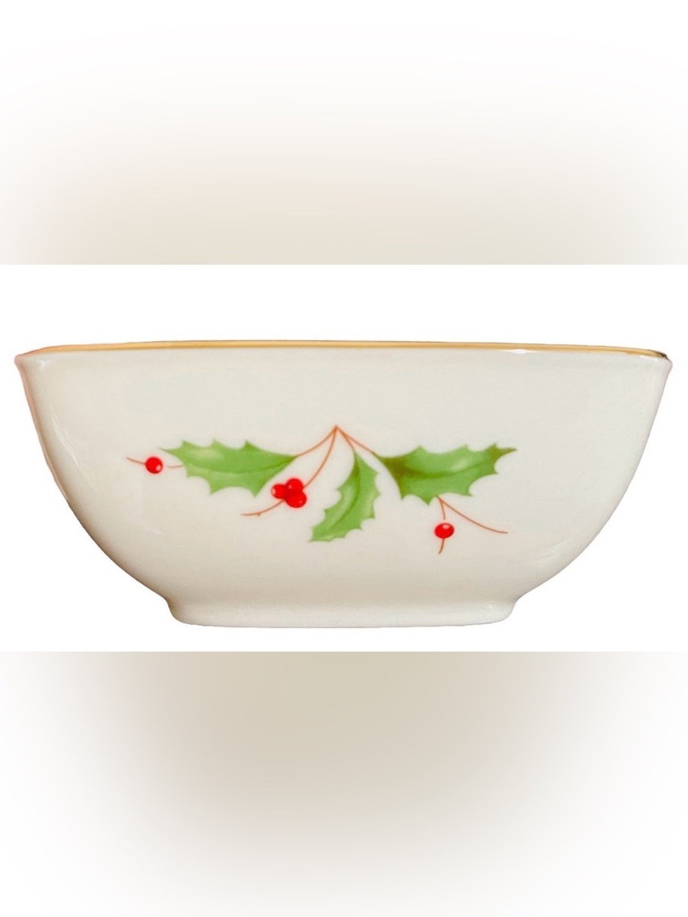 Lenox Holiday Dimension Holly Berry Square 1 Dipping Fruit Bowl 24k Gold Trim